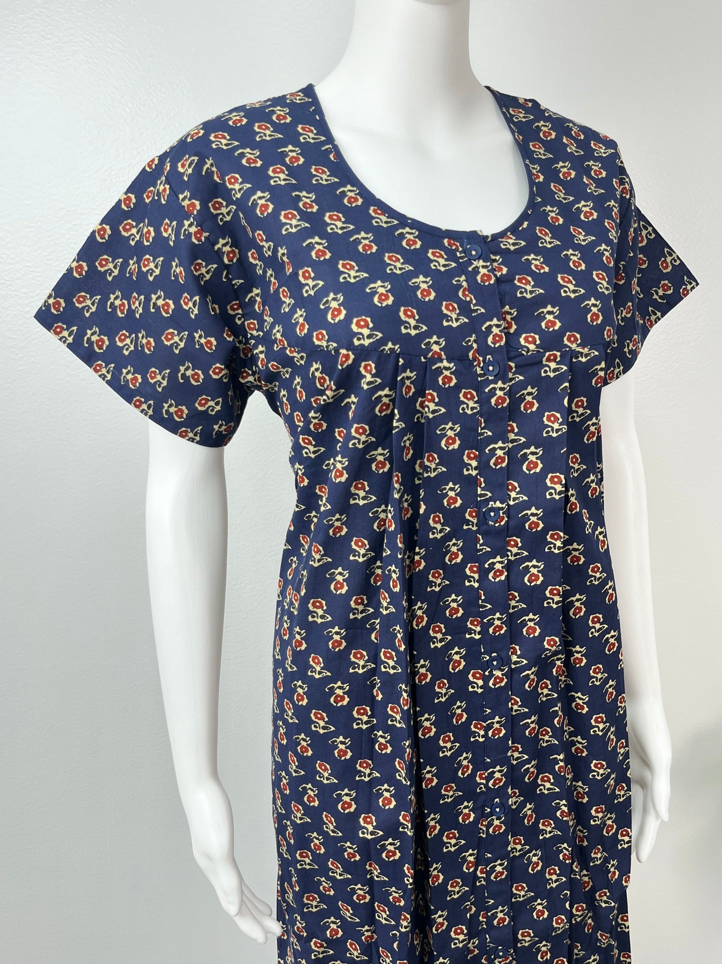 Navy Blue Front Open Pure Cotton Nighty for Women