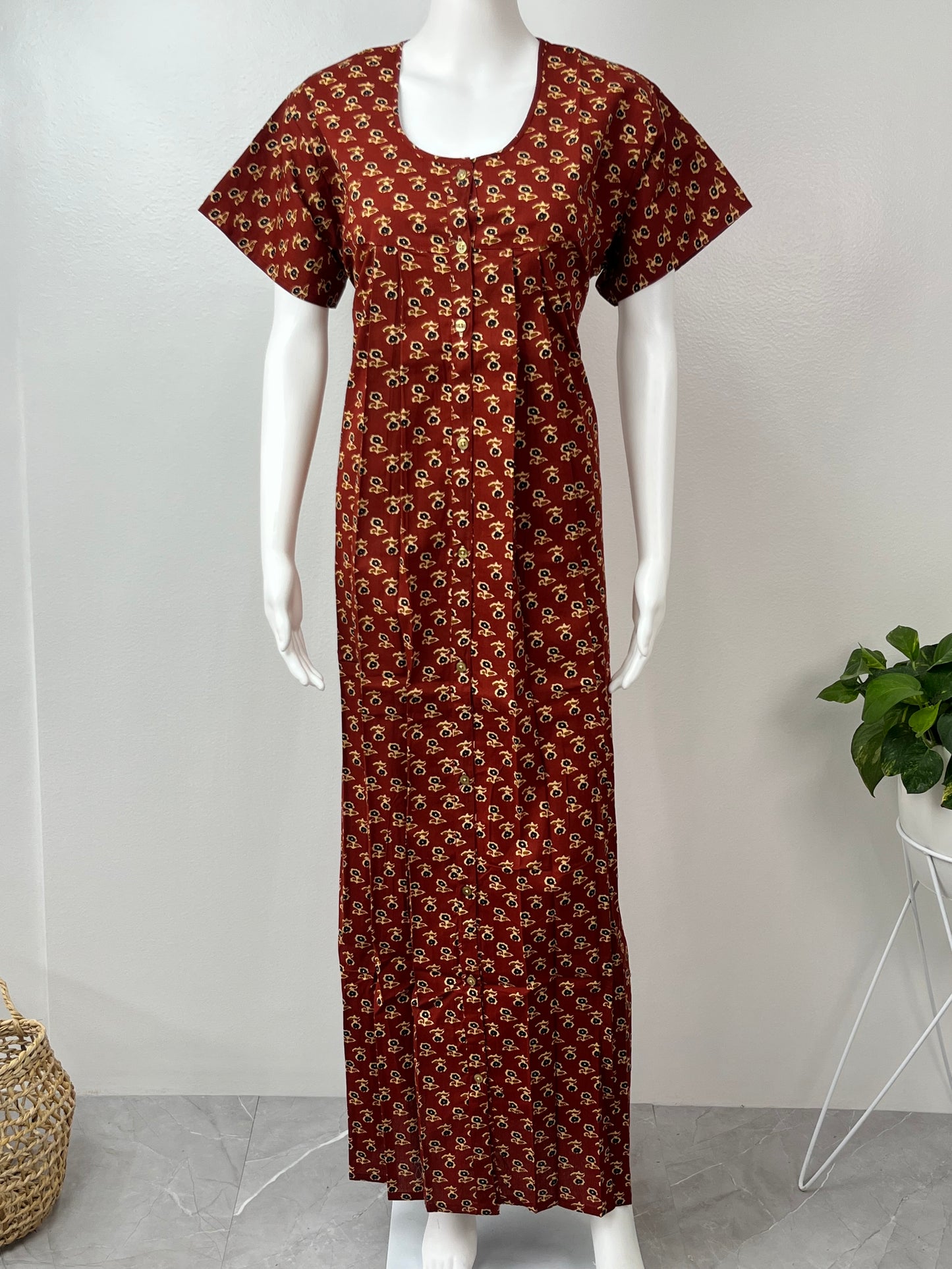 Maroon Front Open Pure Cotton Nightgown Soft & Comfortable