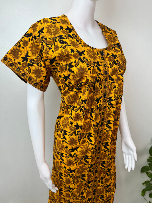 Yellow Pleated Style Full Front Open Cotton Nightgown