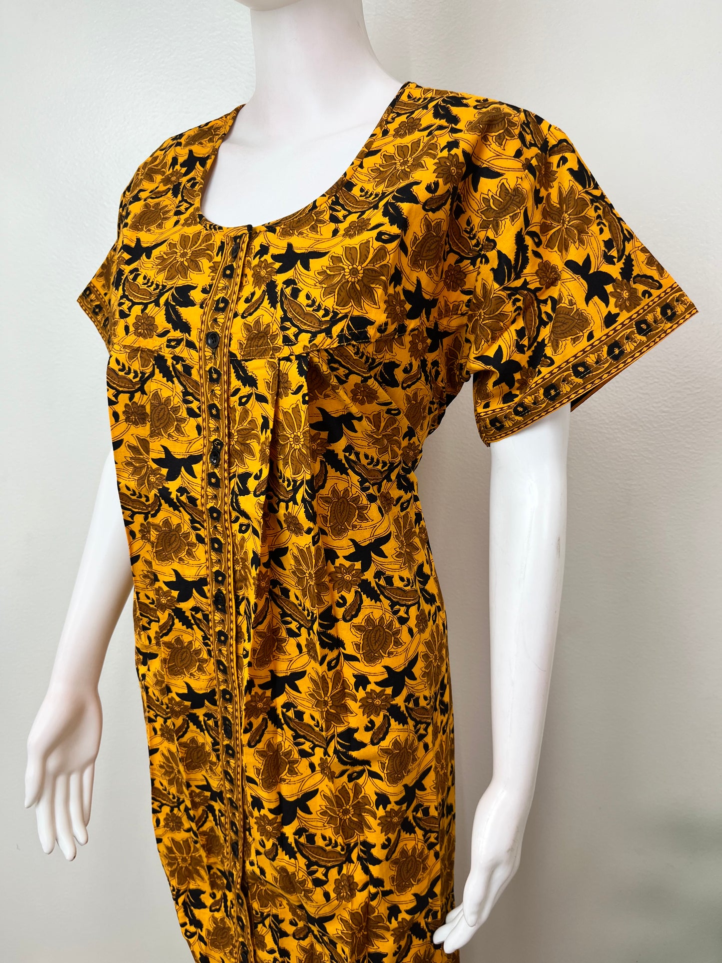 Yellow Pleated Style Full Front Open Cotton Nightgown