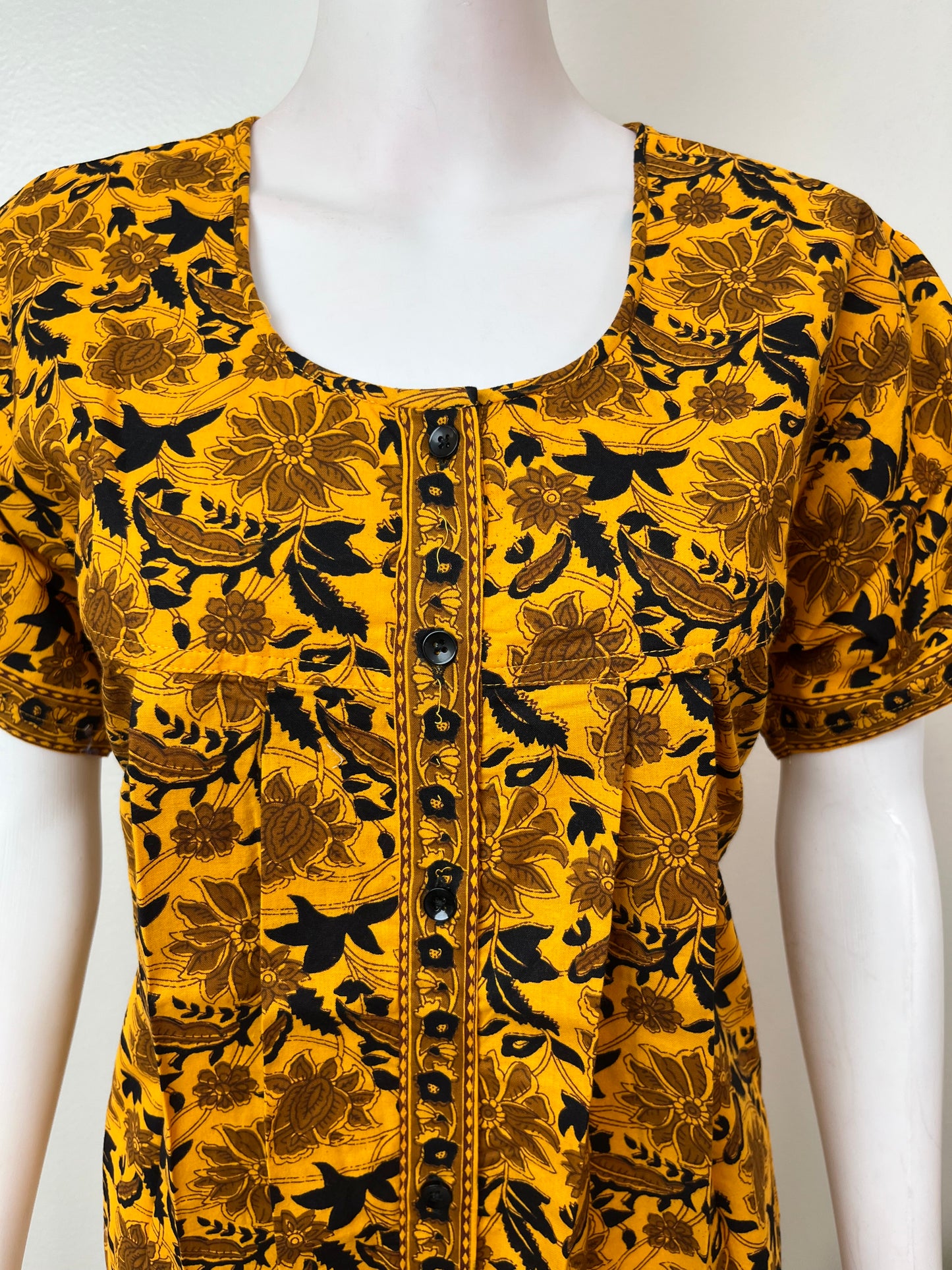 Yellow Pleated Style Full Front Open Cotton Nightgown
