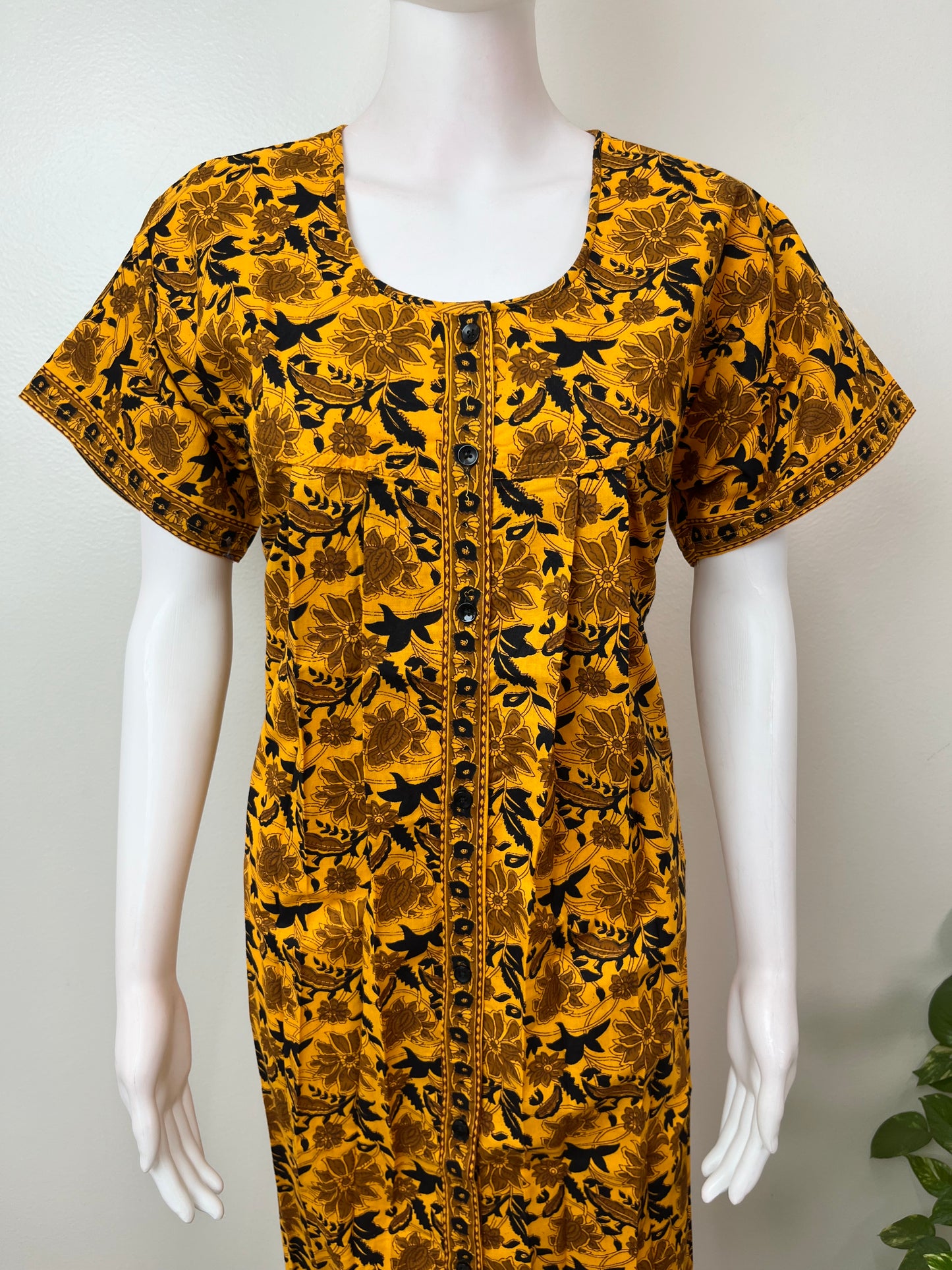 Yellow Pleated Style Full Front Open Cotton Nightgown