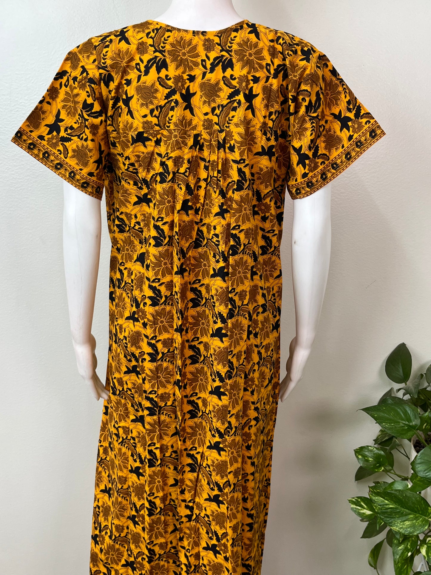 Yellow Pleated Style Full Front Open Cotton Nightgown