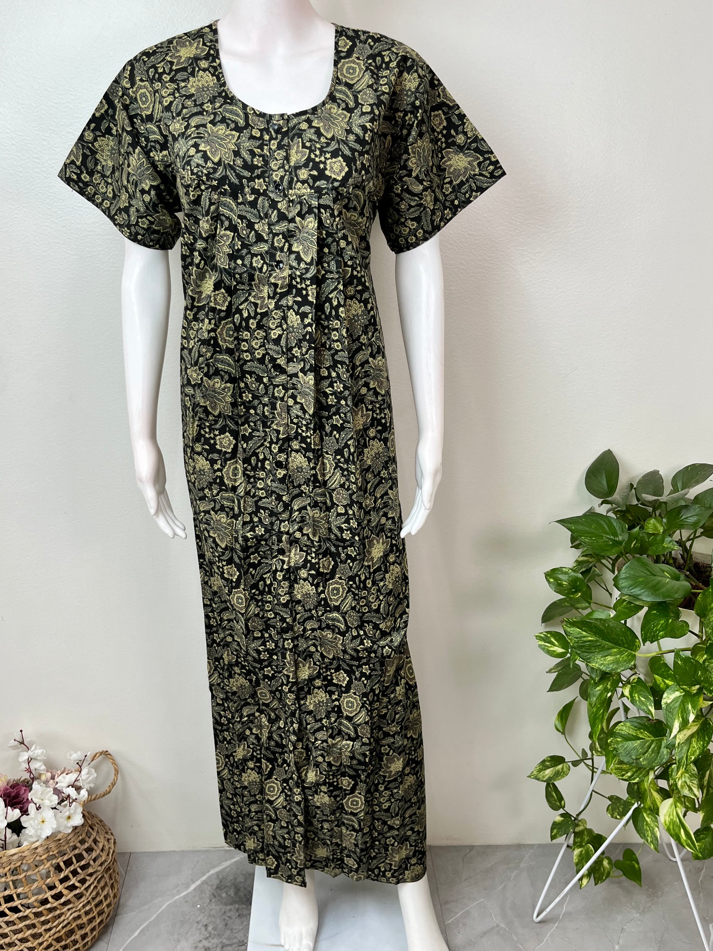 Bottle Green Full Open Pure Cotton Nightgown