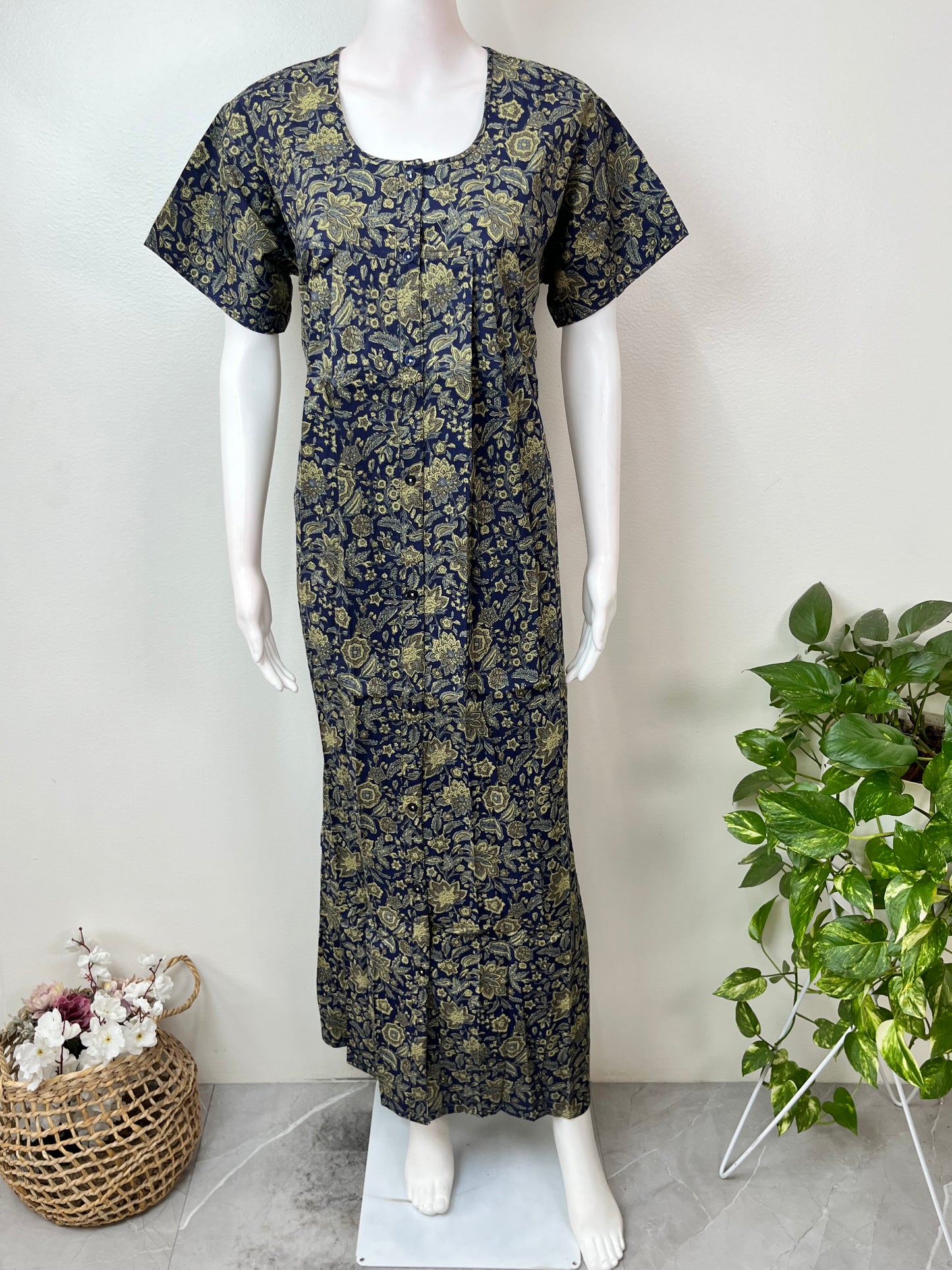 Pleated 100% Cotton Front Open Nightgown