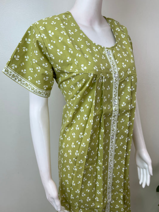 Green Front Open Pure Cotton Nightgown