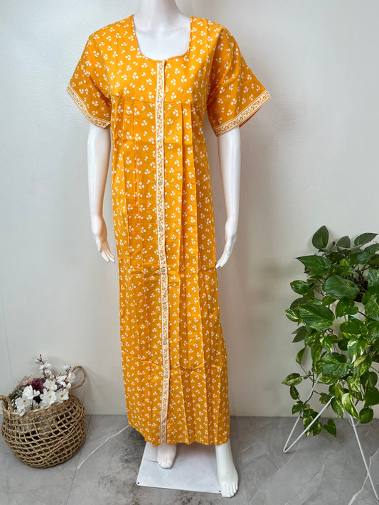Yellow 100% Cotton Full Front Open Nighty
