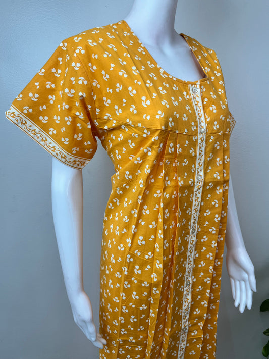 Yellow 100% Cotton Full Front Open Nighty