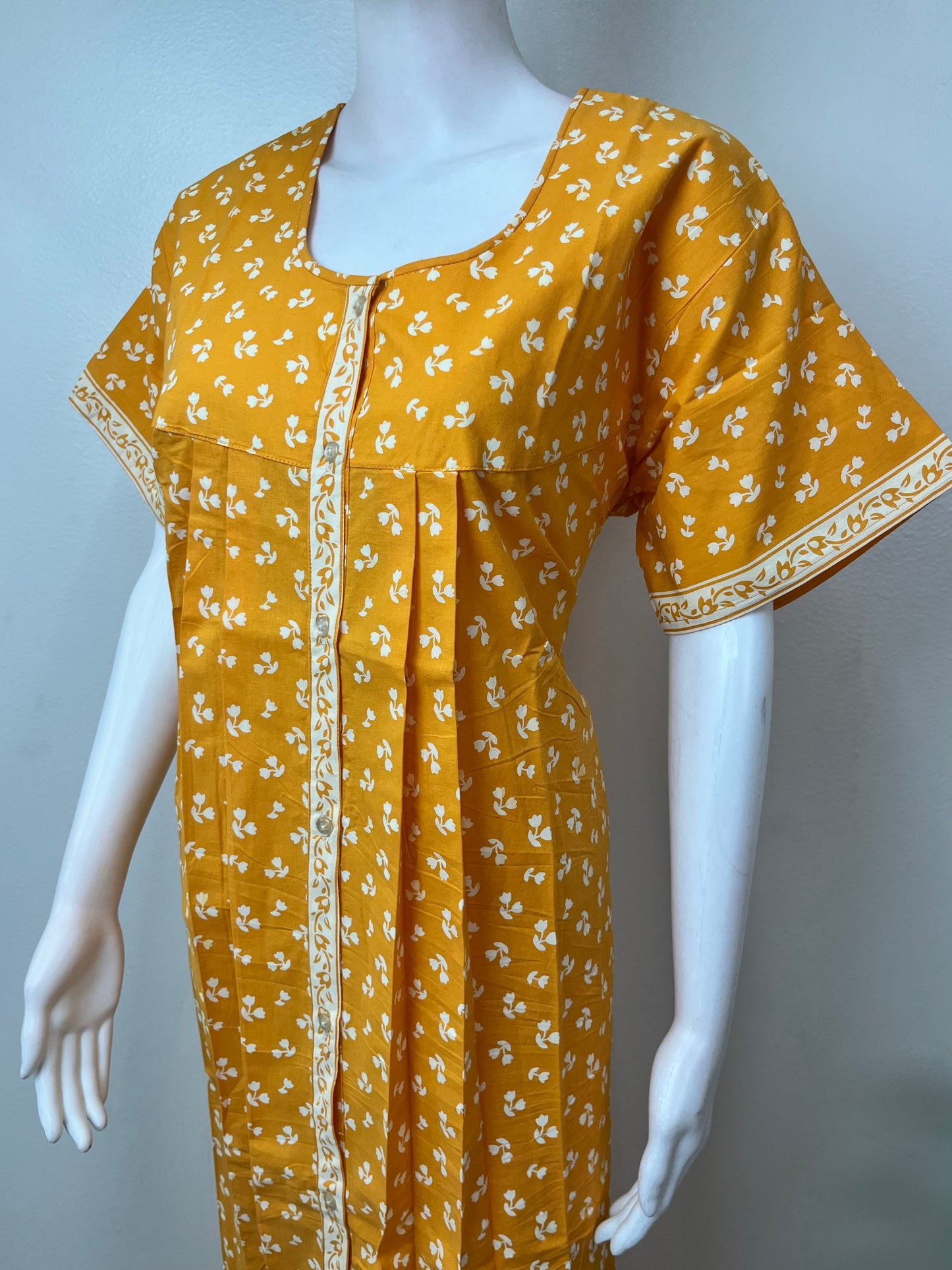 Yellow 100% Cotton Full Front Open Nighty