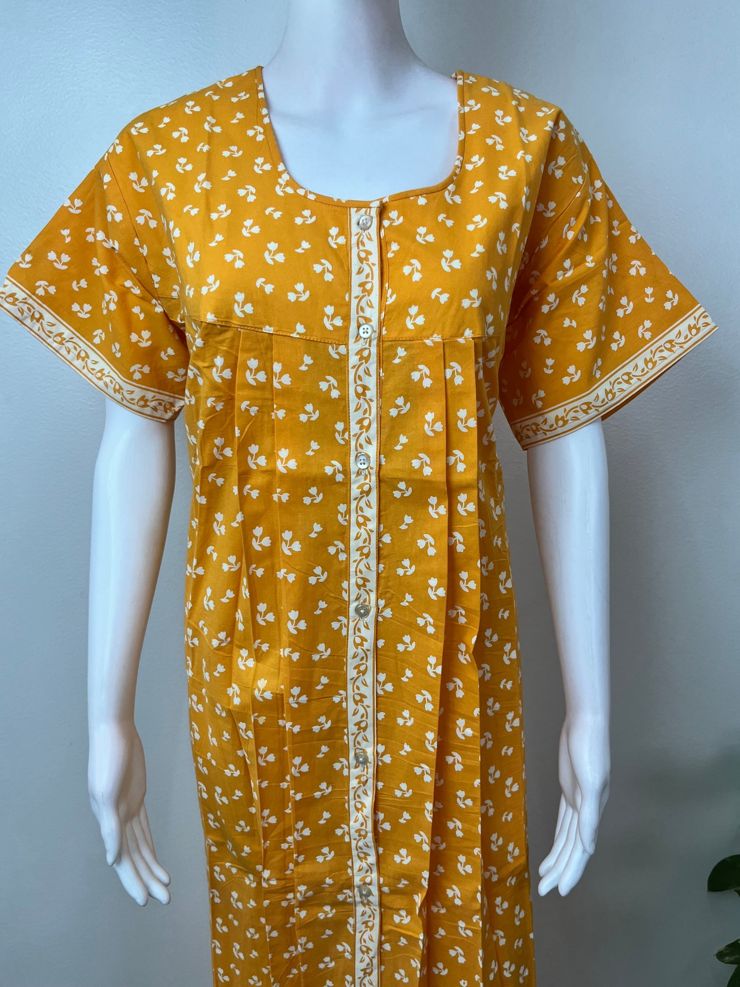 Yellow 100% Cotton Full Front Open Nighty