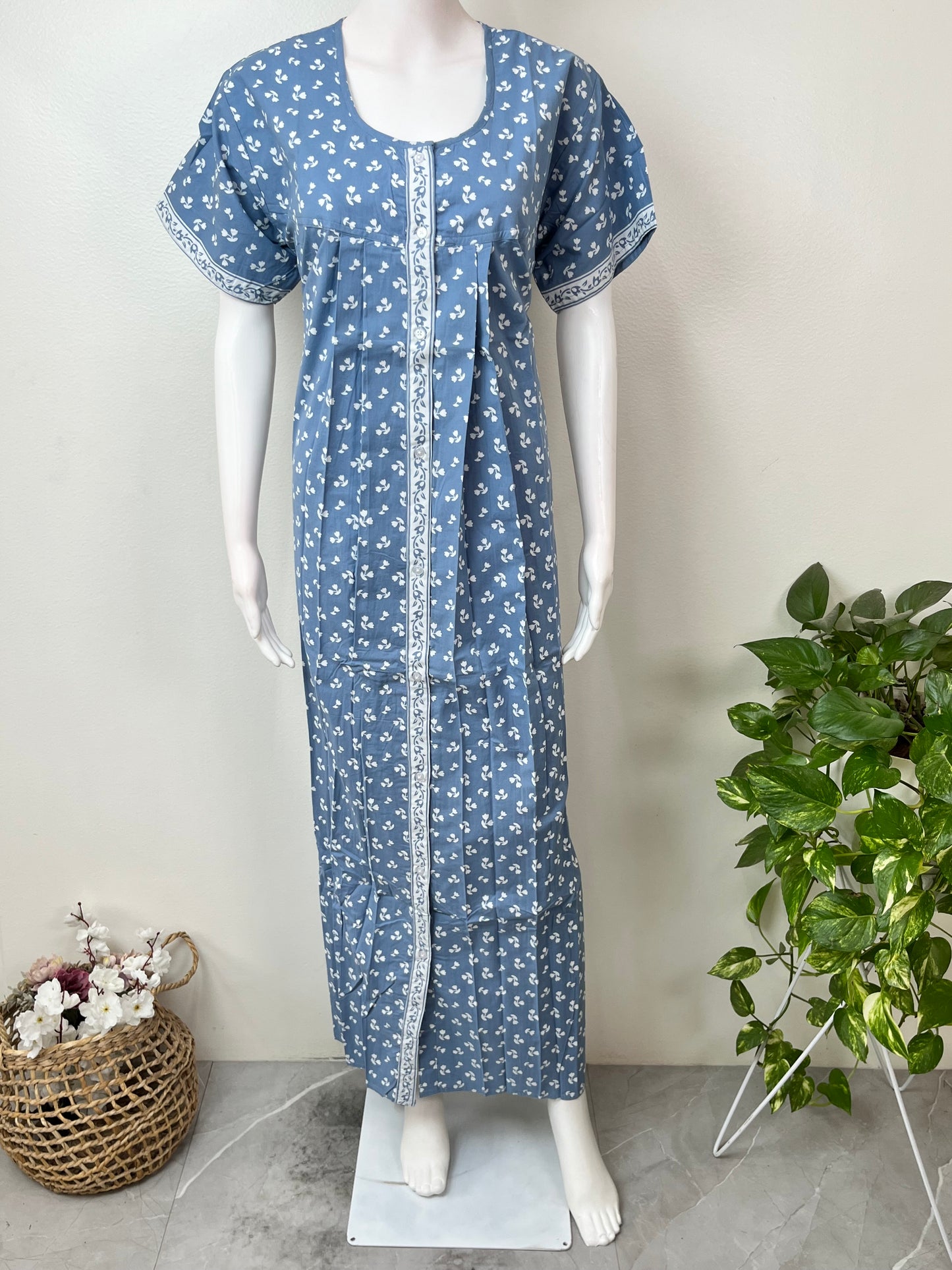 Sky Blue Full Front Open Pure Cotton Nightgown