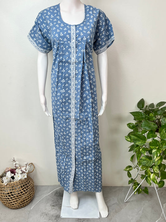 Sky Blue Full Front Open Pure Cotton Nightgown