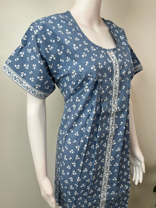 Sky Blue Full Front Open Pure Cotton Nightgown