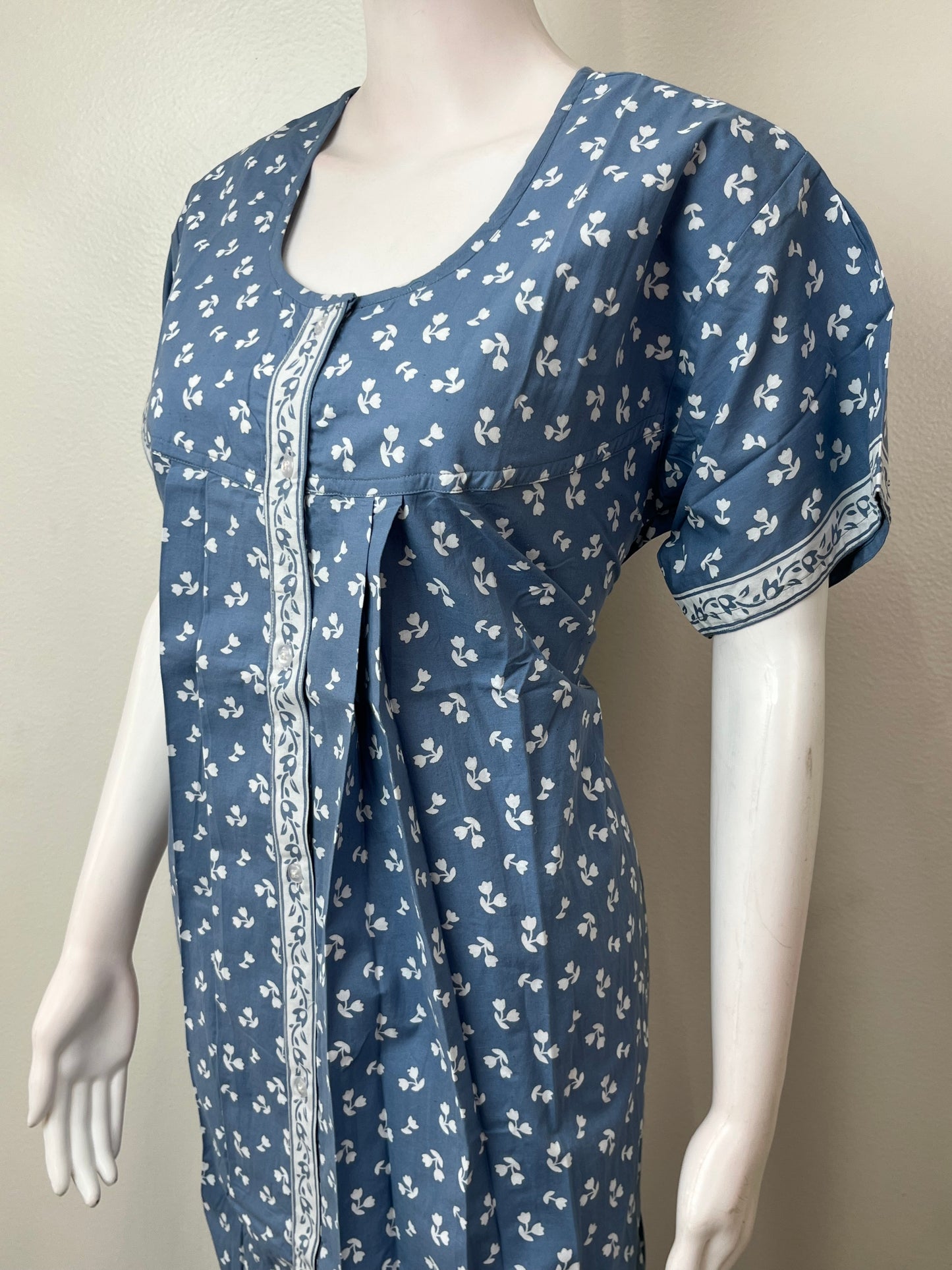 Sky Blue Full Front Open Pure Cotton Nightgown