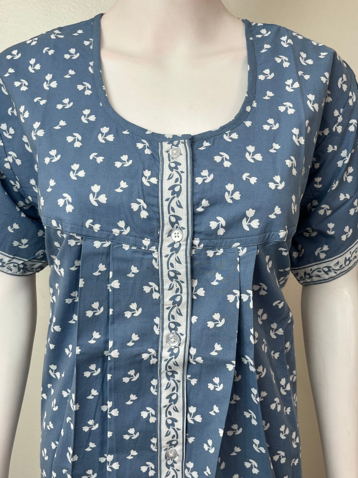 Sky Blue Full Front Open Pure Cotton Nightgown