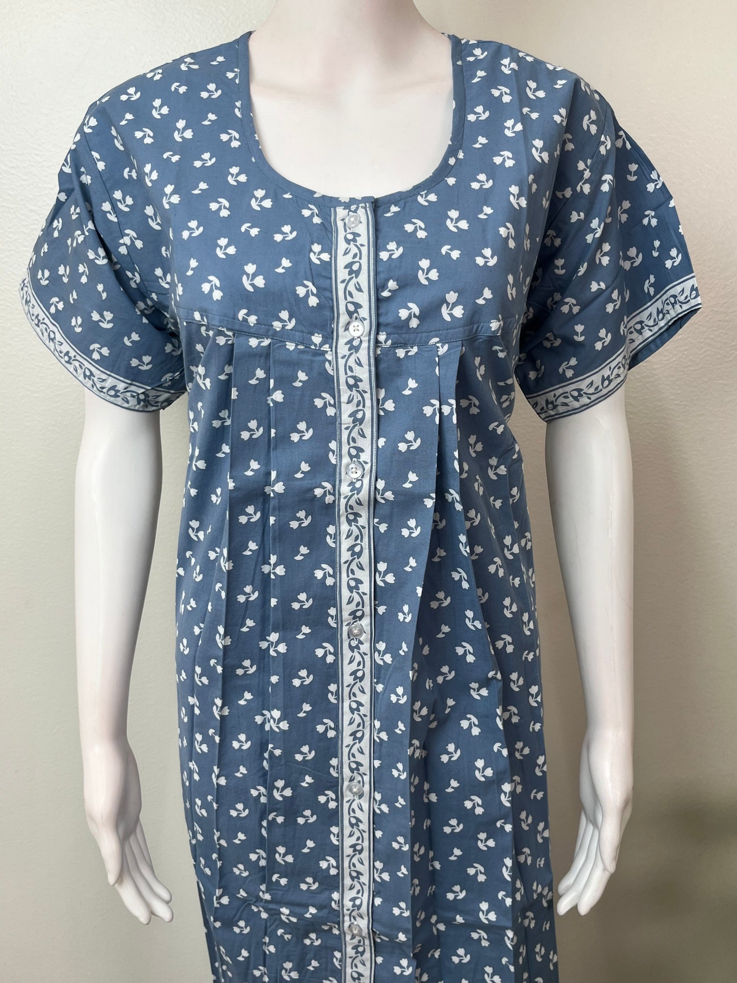 Sky Blue Full Front Open Pure Cotton Nightgown