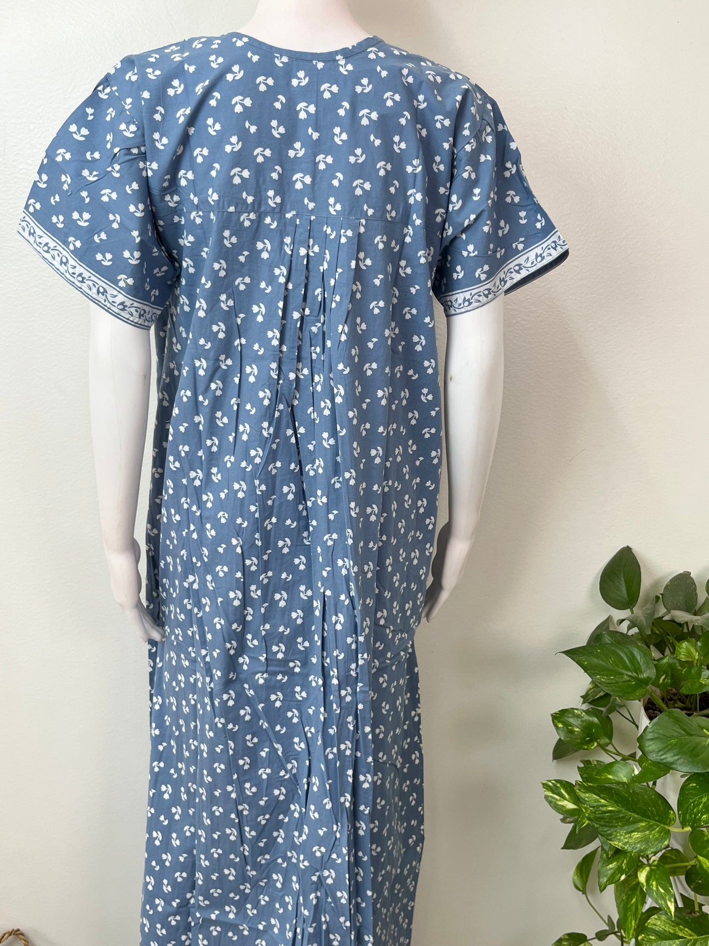 Sky Blue Full Front Open Pure Cotton Nightgown