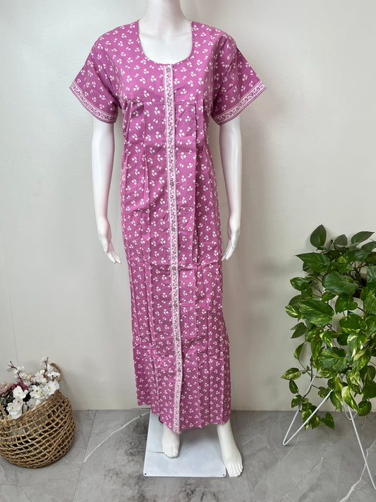 Lavender Pure Cotton Front Open Nightgown for Women