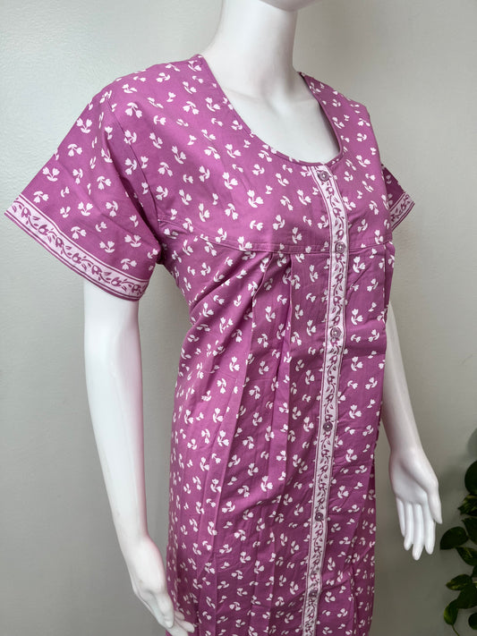 Lavender Pure Cotton Front Open Nightgown for Women