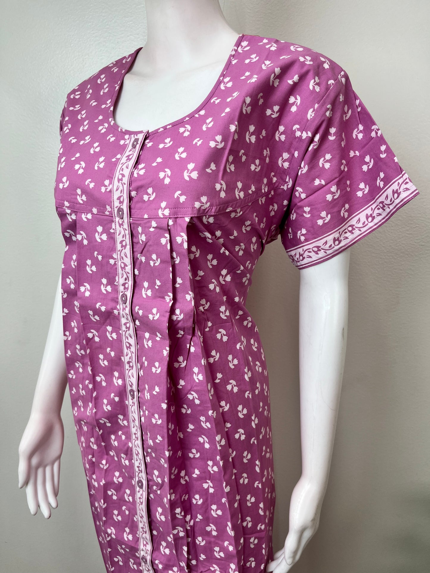 Lavender Pure Cotton Front Open Nightgown for Women