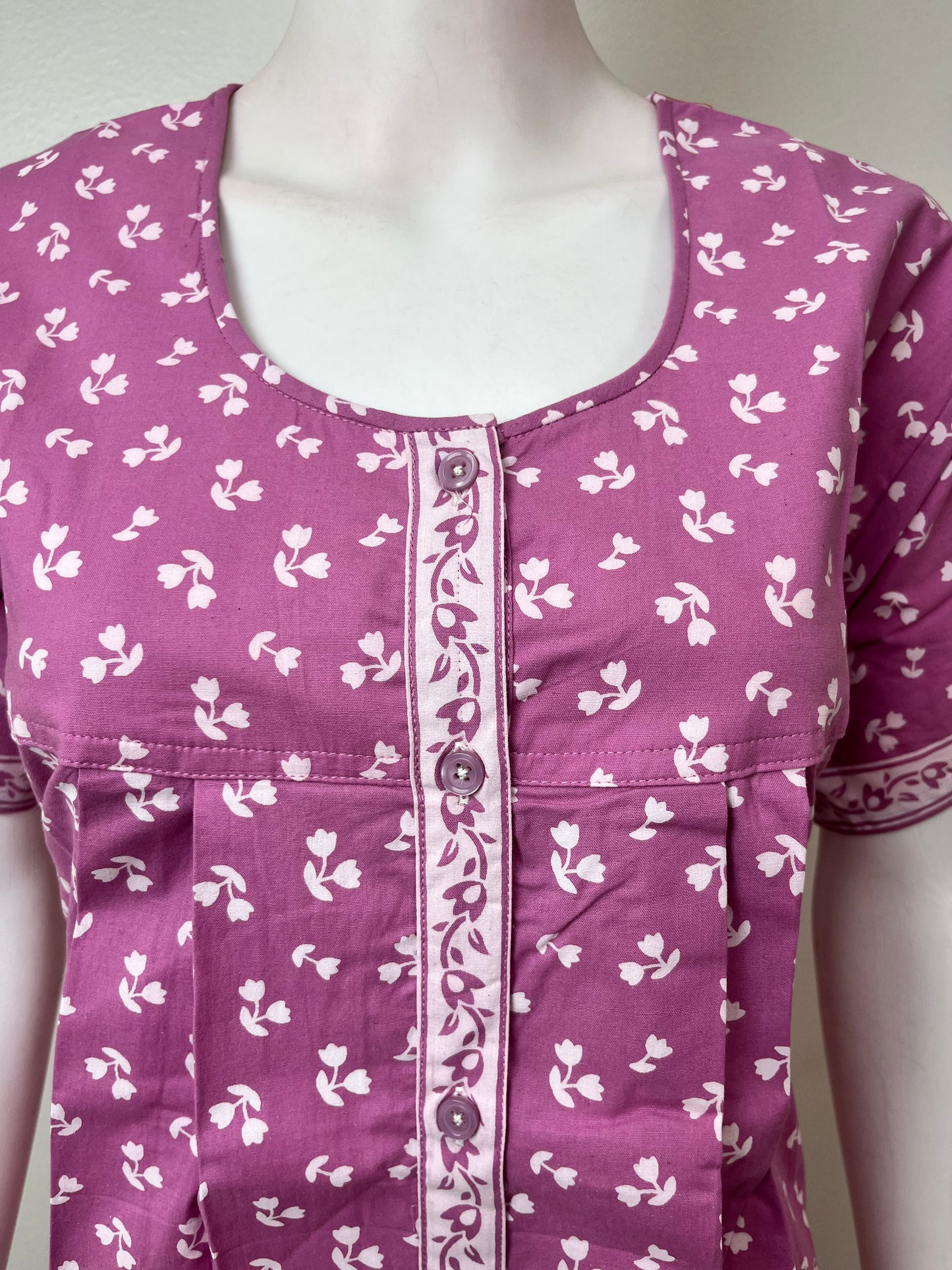 Lavender Pure Cotton Front Open Nightgown for Women