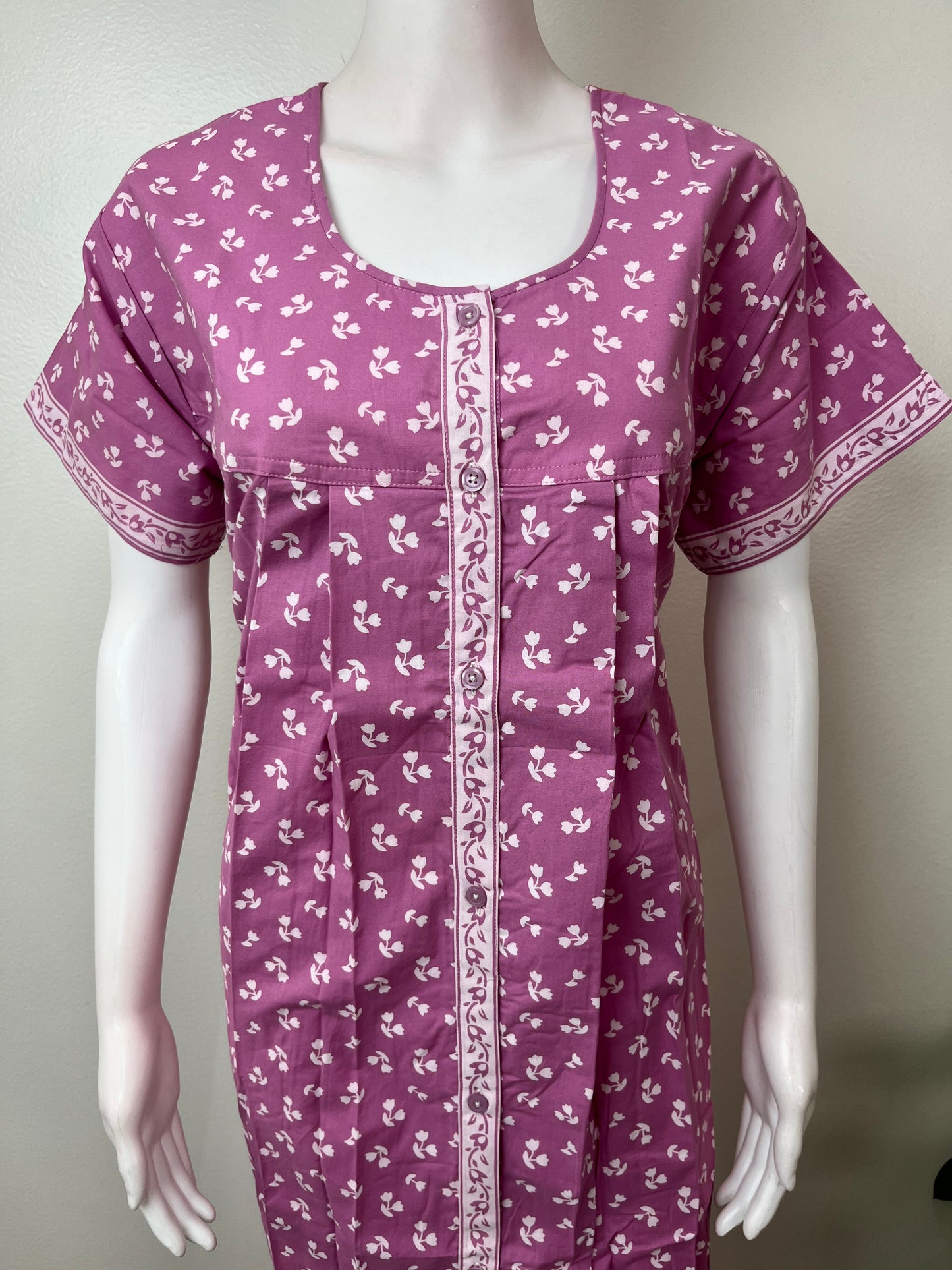 Lavender Pure Cotton Front Open Nightgown for Women