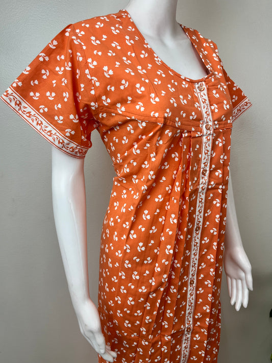 Orange Pleated Front Open Pure Cotton Nighty