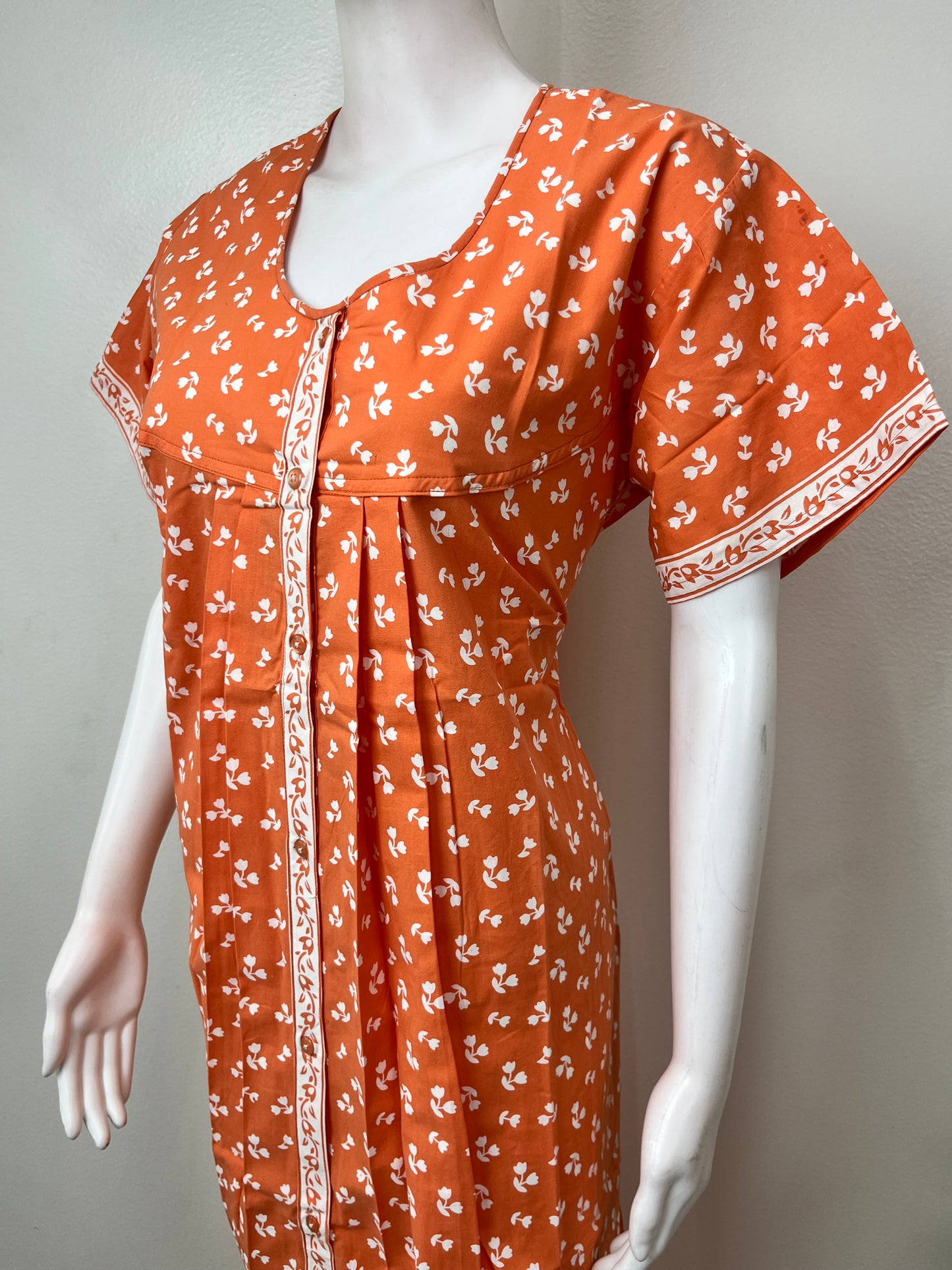 Orange Pleated Front Open Pure Cotton Nighty