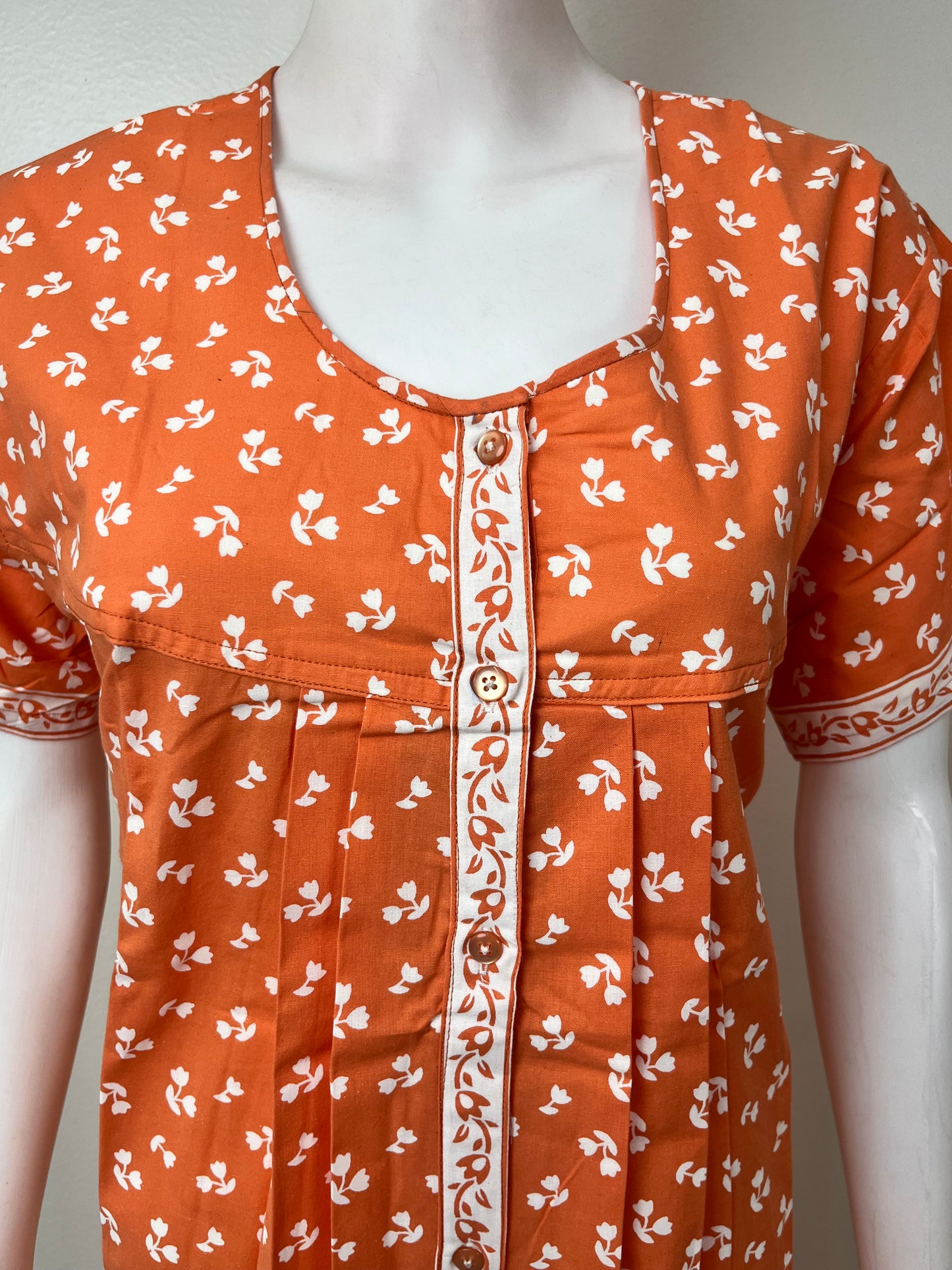 Orange Pleated Front Open Pure Cotton Nighty