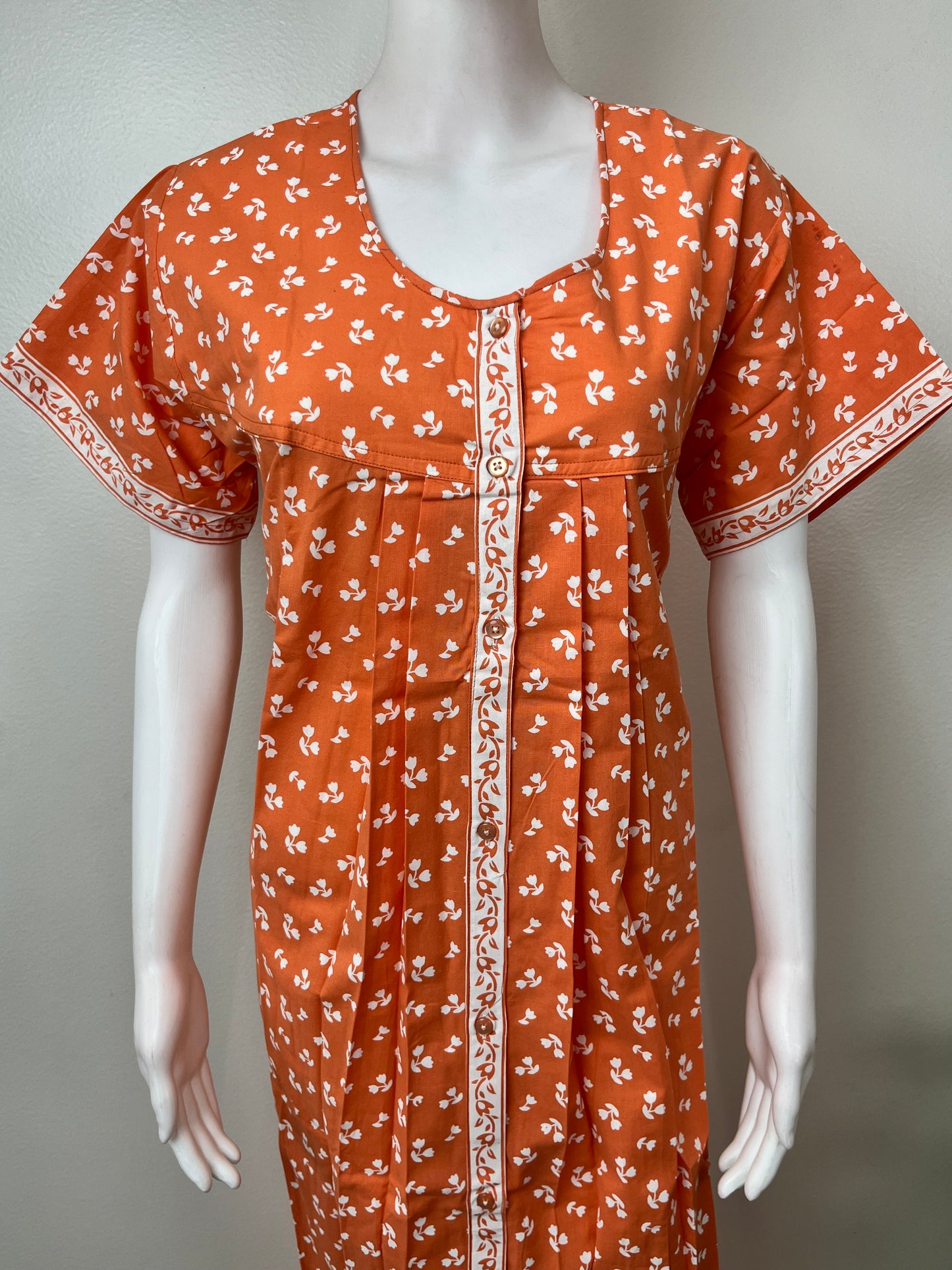 Orange Pleated Front Open Pure Cotton Nighty