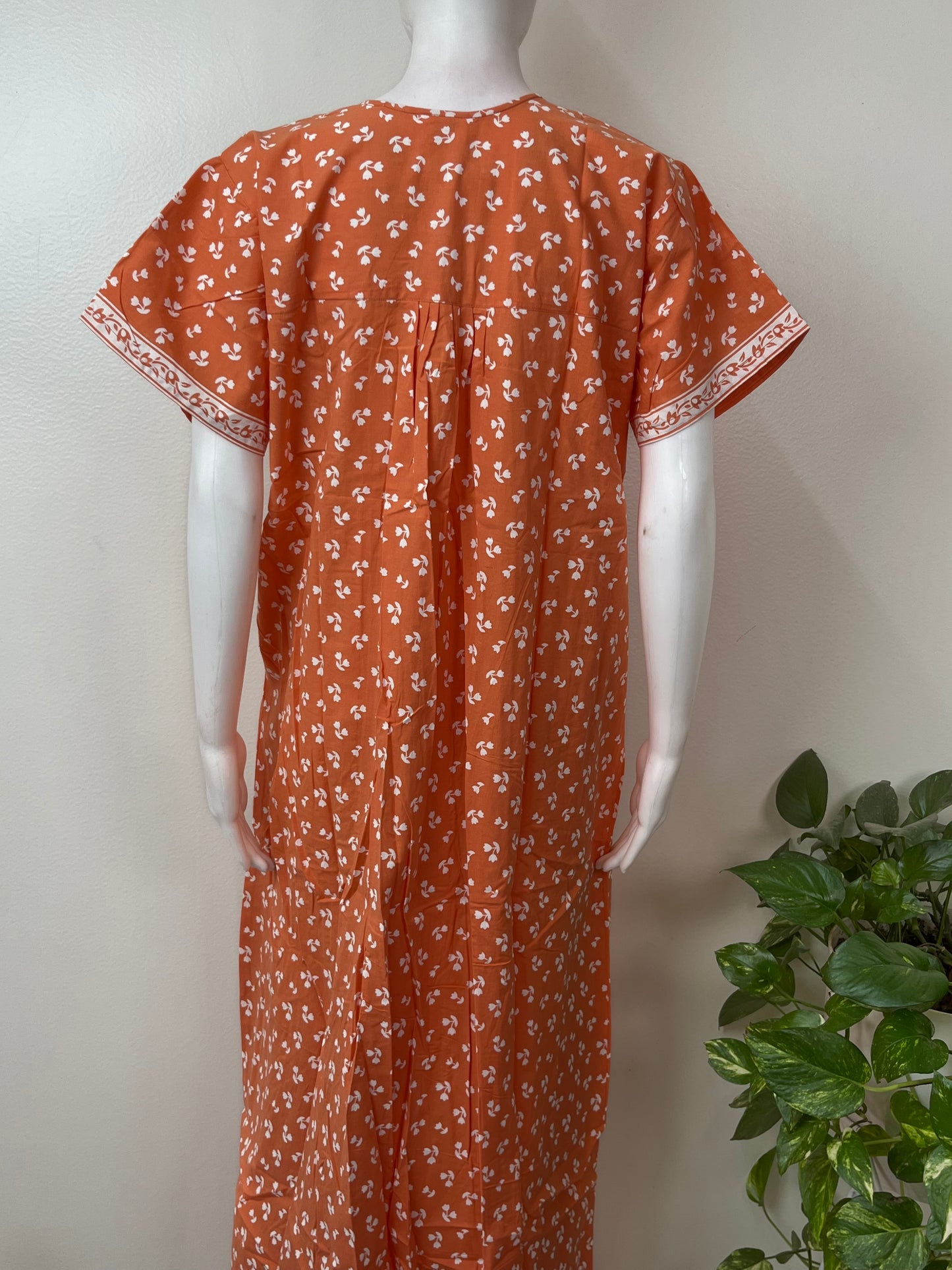 Orange Pleated Front Open Pure Cotton Nighty