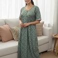 Emerald Green Floral Printed Pure Cotton Nightgown