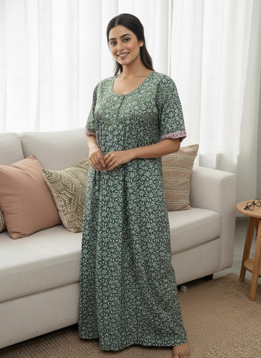 Emerald Green Floral Printed Pure Cotton Nightgown