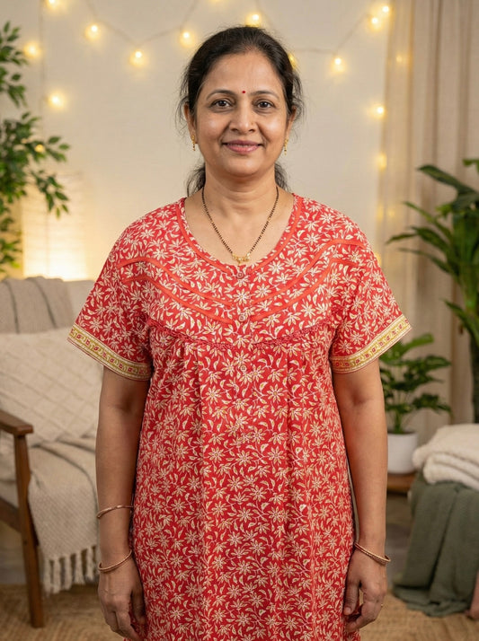 Red Floral Printed 100% Cotton Nighty