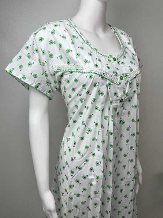 Green Printed Polyester Cotton Women's Nightgown