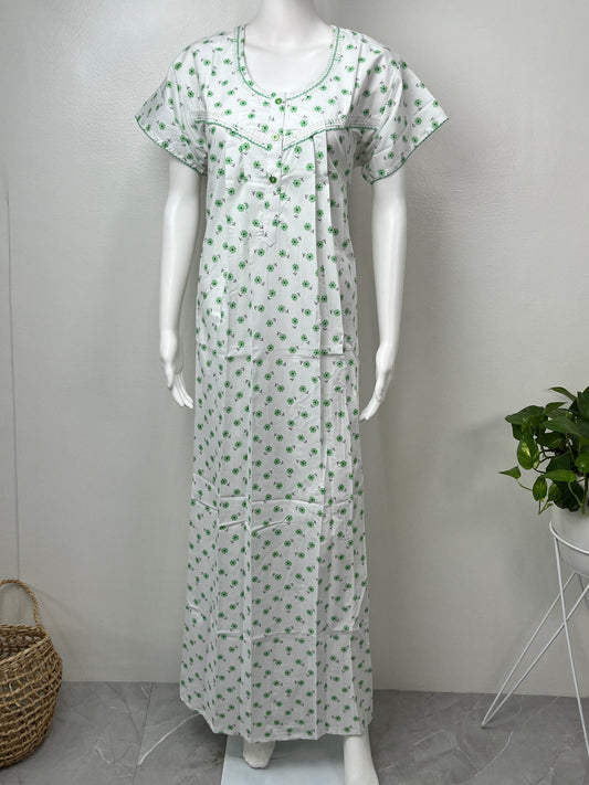 Green Printed Polyester Cotton Women's Nightgown