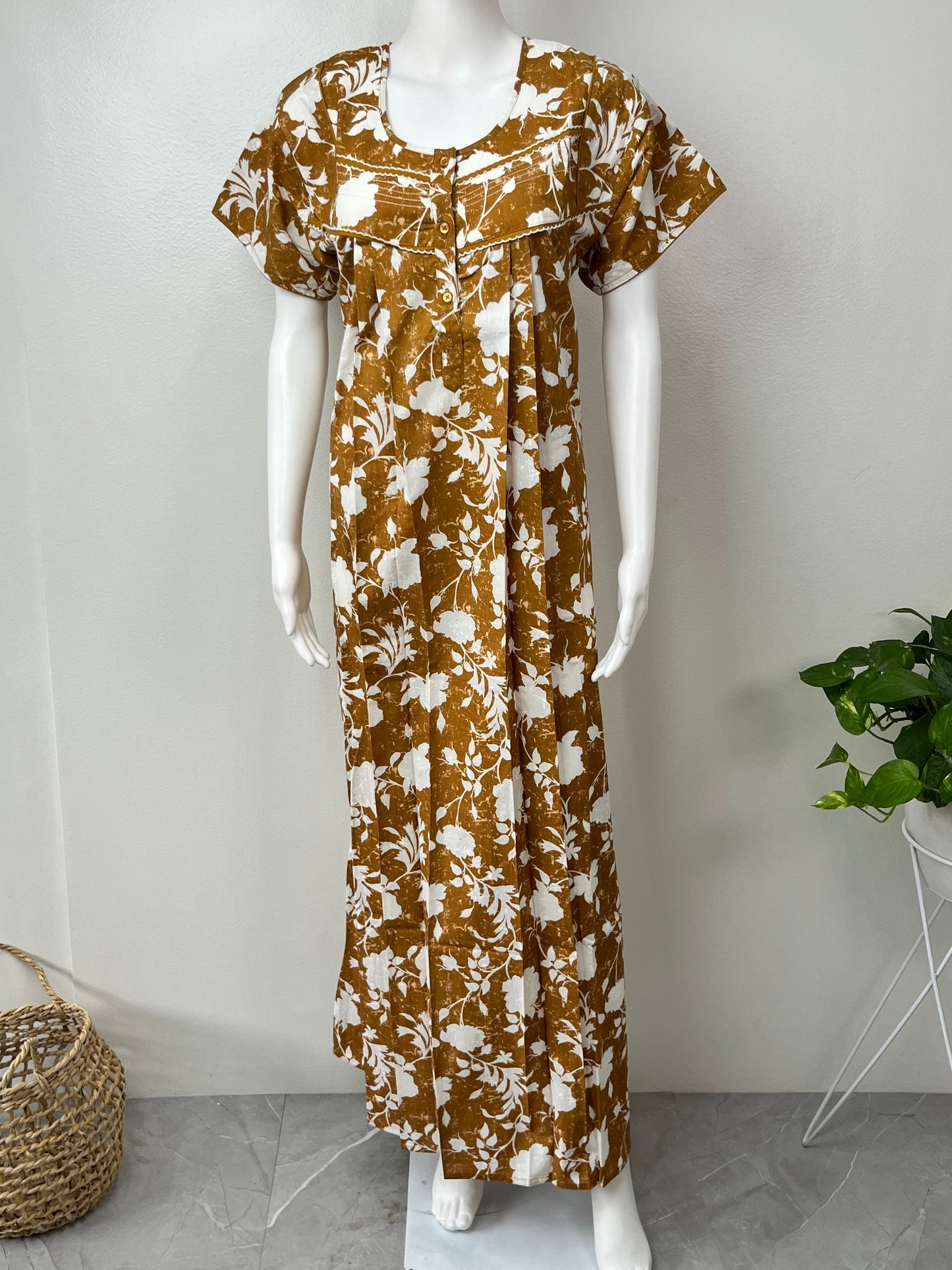 Mustard Floral Printed 100% Cotton Nightgown
