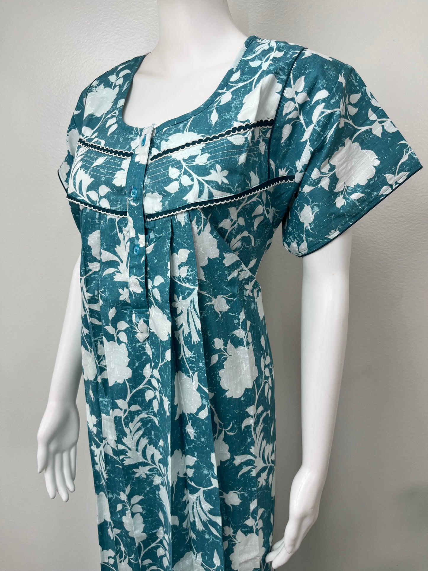 Teal Blue Pleated 100% Cotton Nighty
