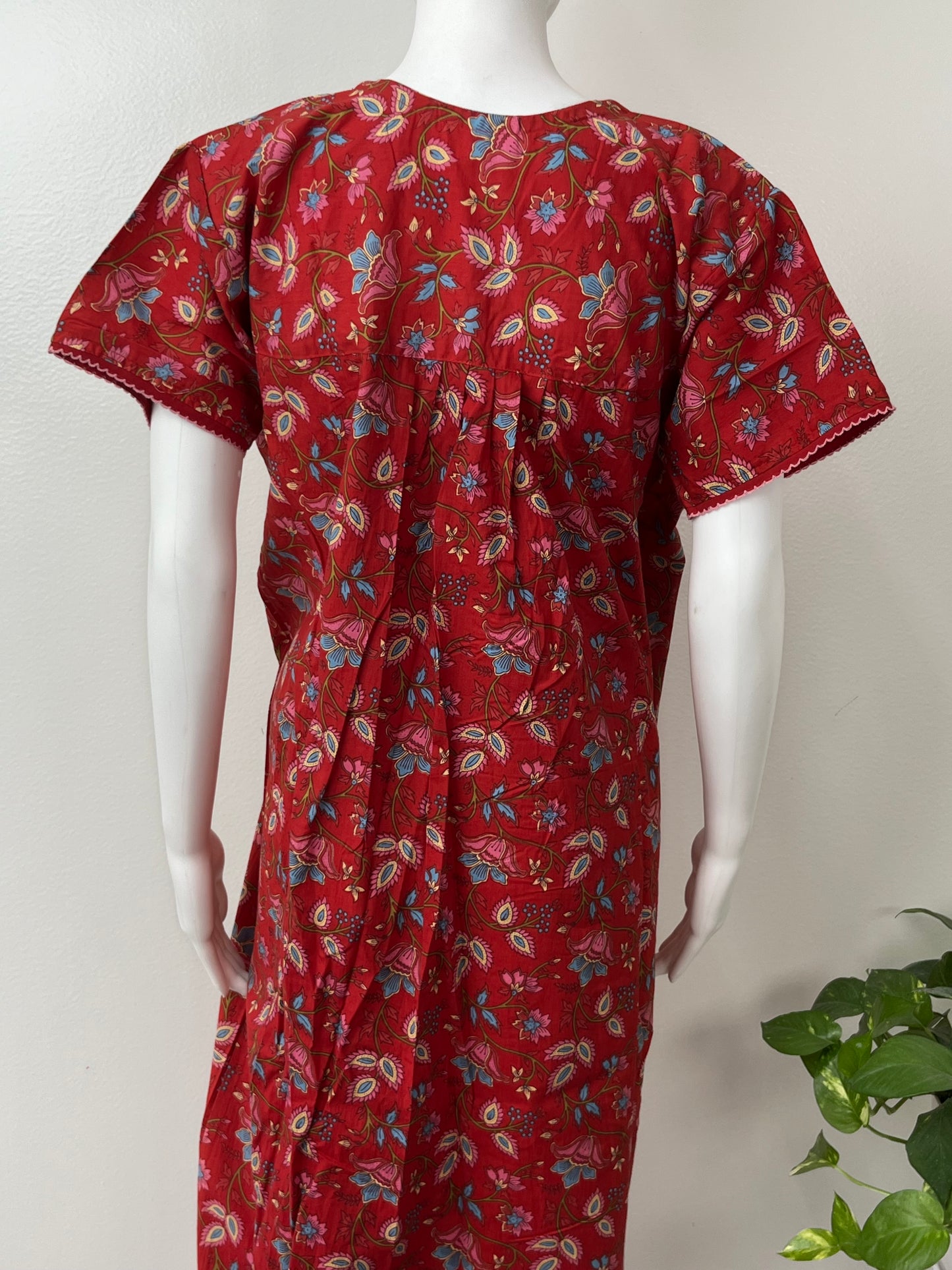 Red Floral Printed Pure Cotton Nighty for Women
