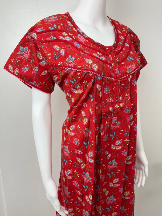 Red Floral Printed Pure Cotton Nighty for Women