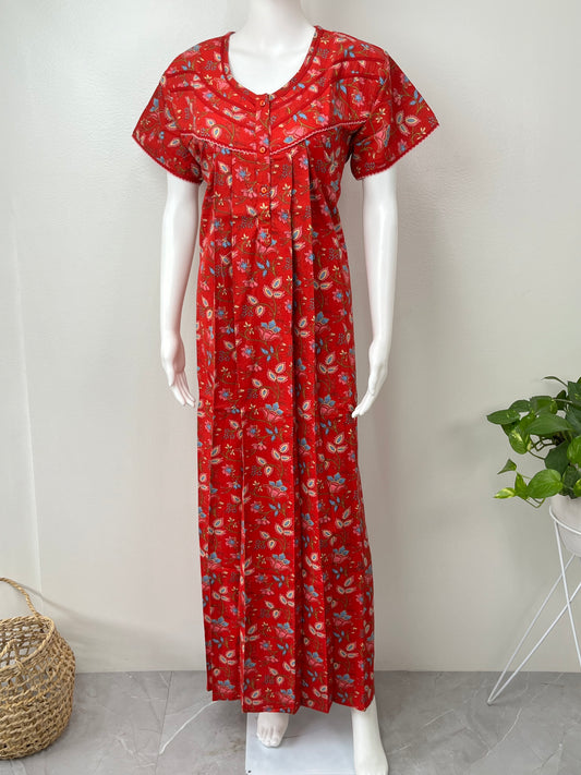 Red Floral Printed Pure Cotton Nighty for Women