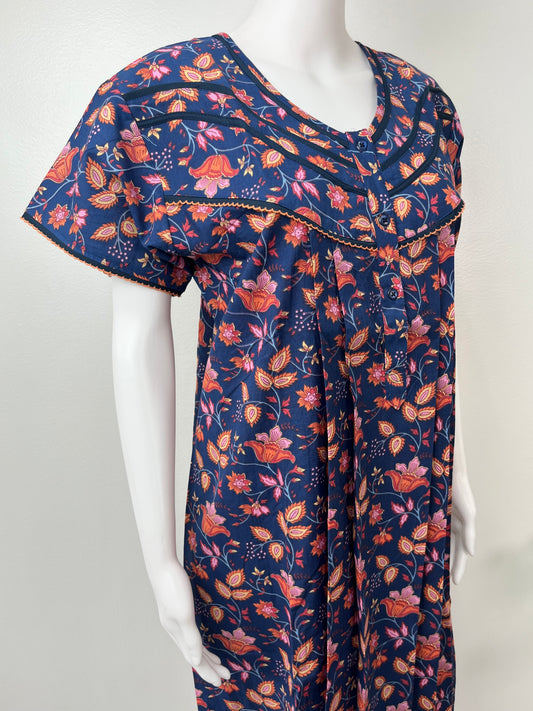 Royal Blue 100% Cotton Nightgown with Contrast Print