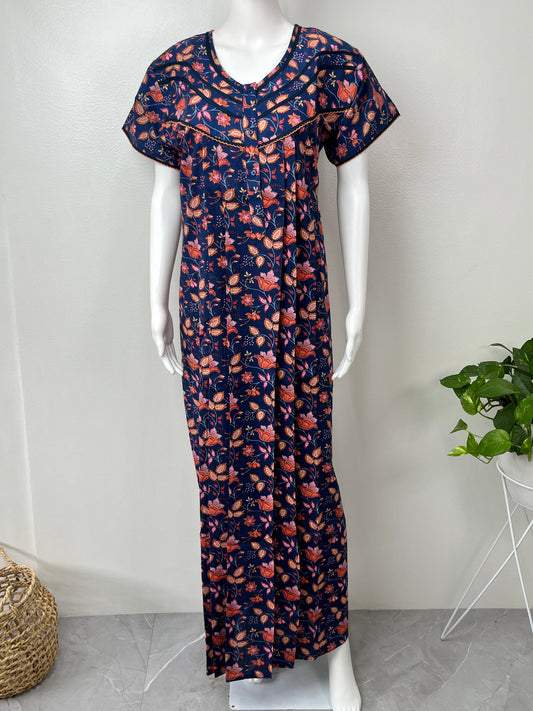 Royal Blue 100% Cotton Nightgown with Contrast Print