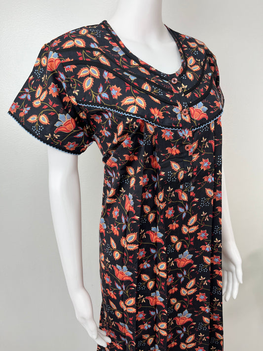 Black Pure Cotton Nightgown with Contrast Print