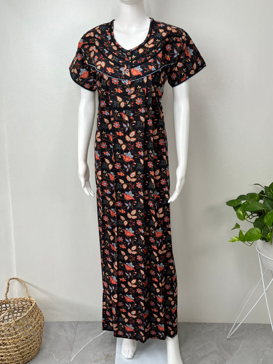 Black Pure Cotton Nightgown with Contrast Print