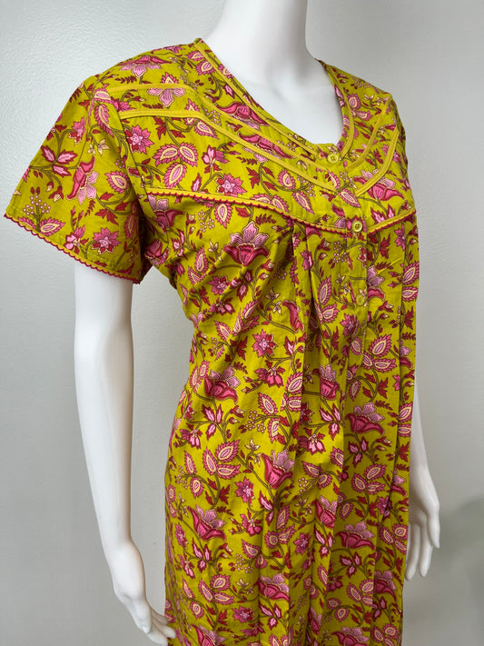 Yellow Floral 100% Cotton Pleated Nightgown