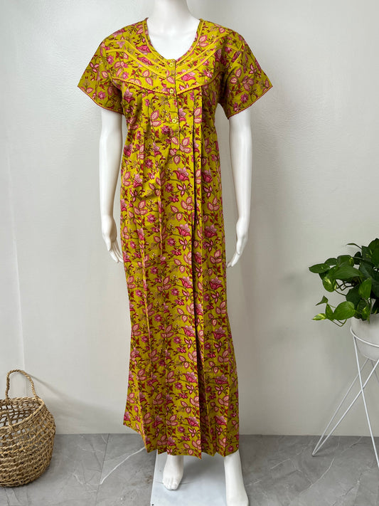 Yellow Floral 100% Cotton Pleated Nightgown