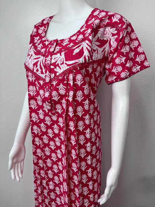 Red Floral Printed Pure Cotton Nightgown