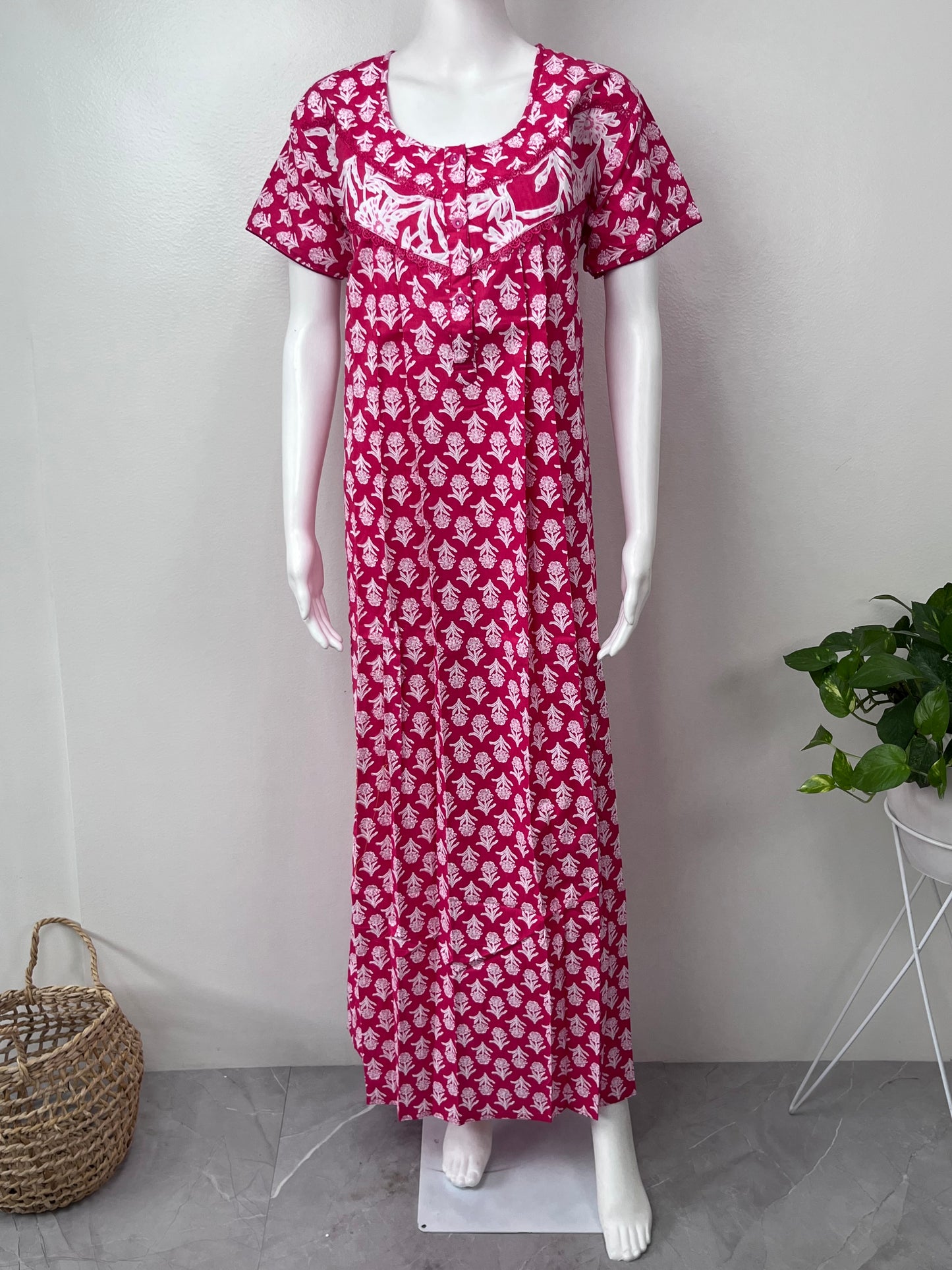 Red Floral Printed Pure Cotton Nightgown