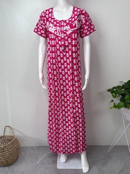 Red Floral Printed Pure Cotton Nightgown